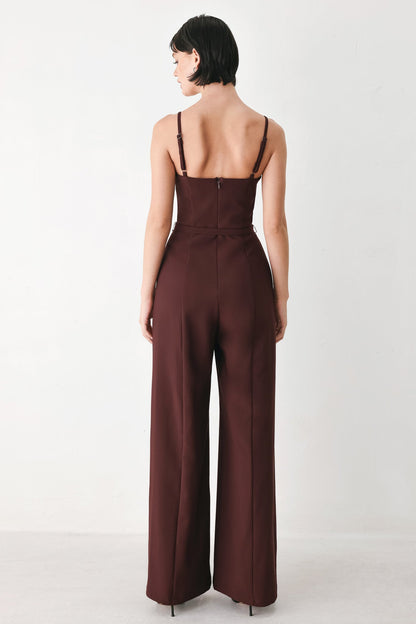 Burgundy Woven Wide-Leg Jumpsuit with Straight Neckline and Self Belt