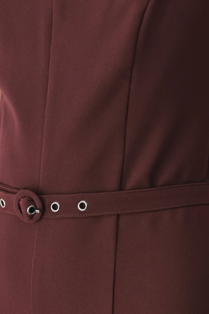 Burgundy Woven Wide-Leg Jumpsuit with Straight Neckline and Self Belt