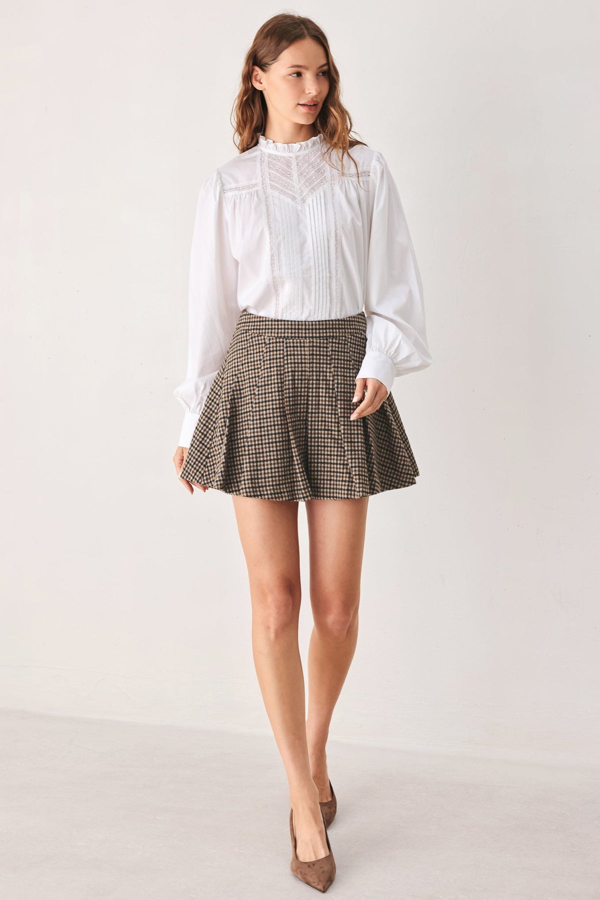 Woven Houndstooth Mini Skort with Back Zipper and Tailored Fit BROWN