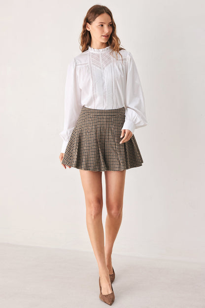 Woven Houndstooth Mini Skort with Back Zipper and Tailored Fit BROWN