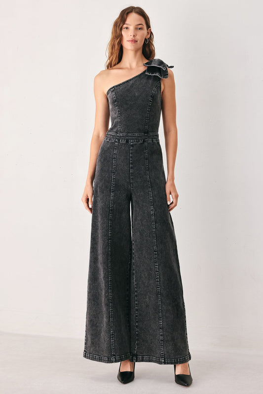 One Shoulder Wide-Leg Denim Jumpsuit