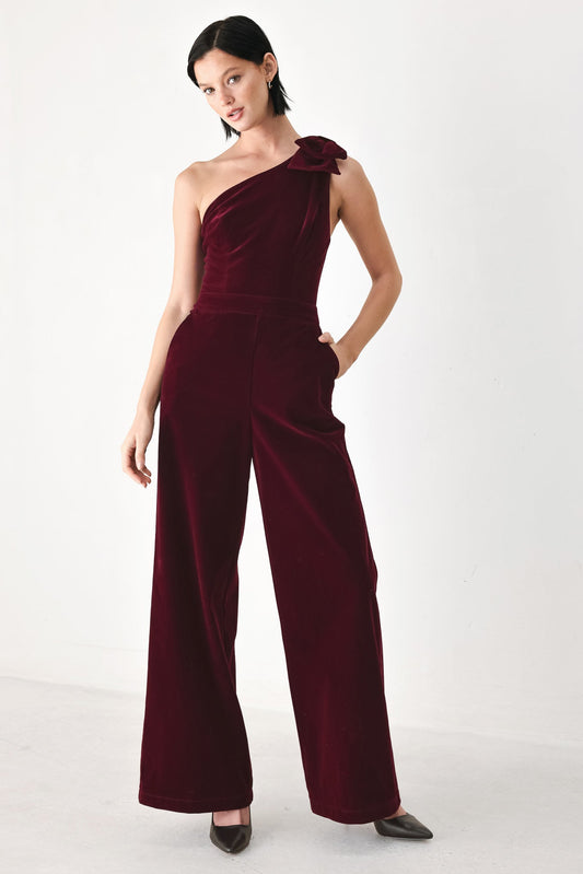 Faux Velvet One-Shoulder Bow Jumpsuit