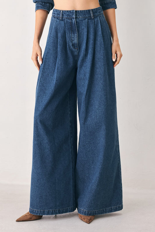 Wide-Leg Pleated Denim Pants
