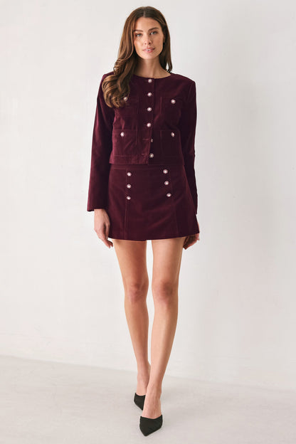 Burgundy Velvet Mini Skort with Front Button Detail