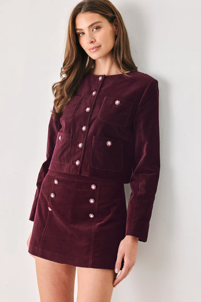 Burgundy Velvet Mini Skort with Front Button Detail