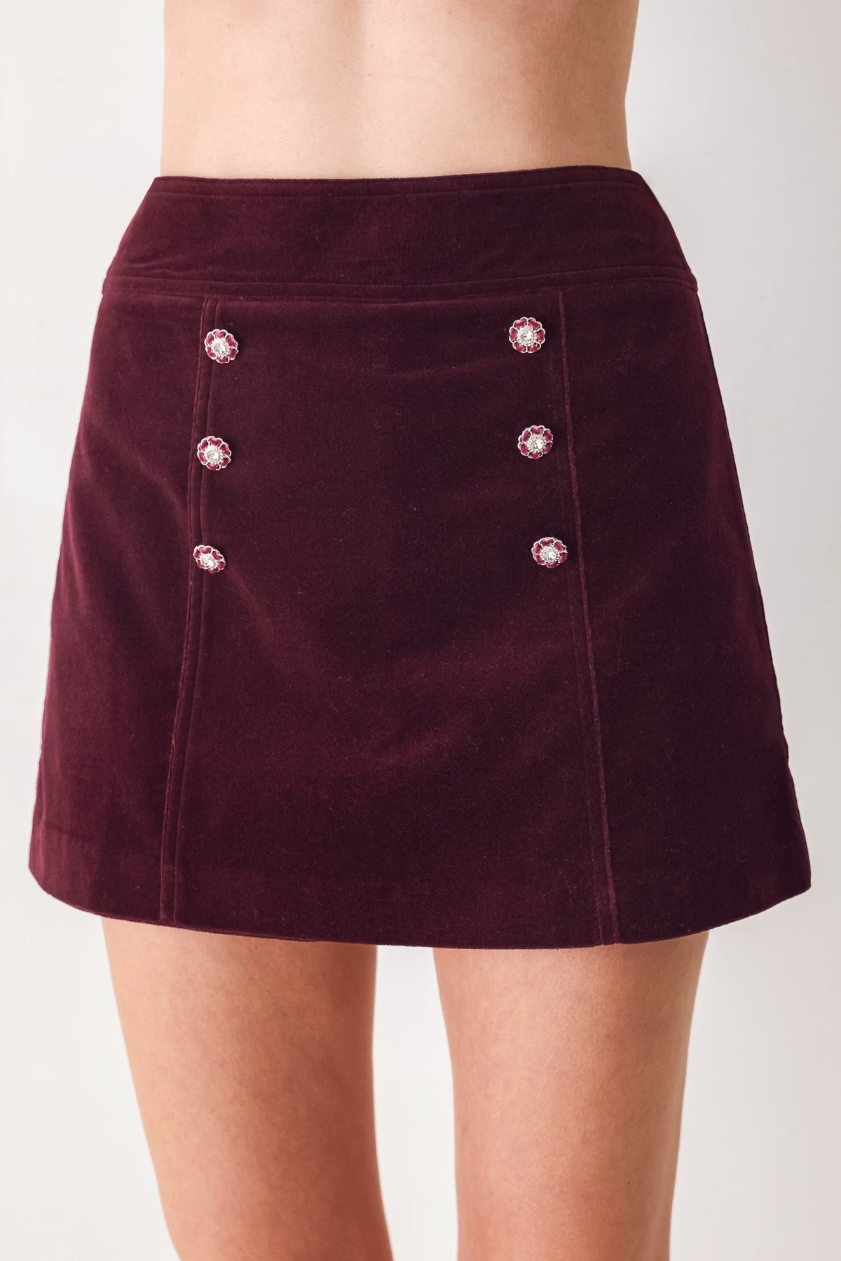 Burgundy Velvet Mini Skort with Front Button Detail