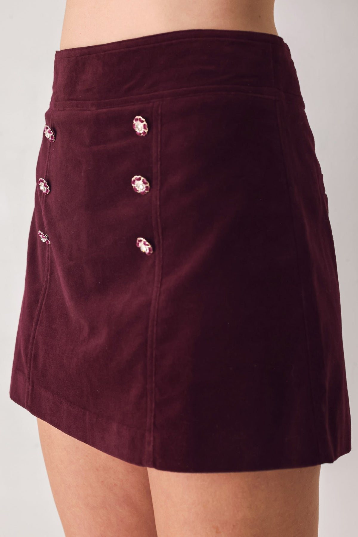 Burgundy Velvet Mini Skort with Front Button Detail BURGUNDY