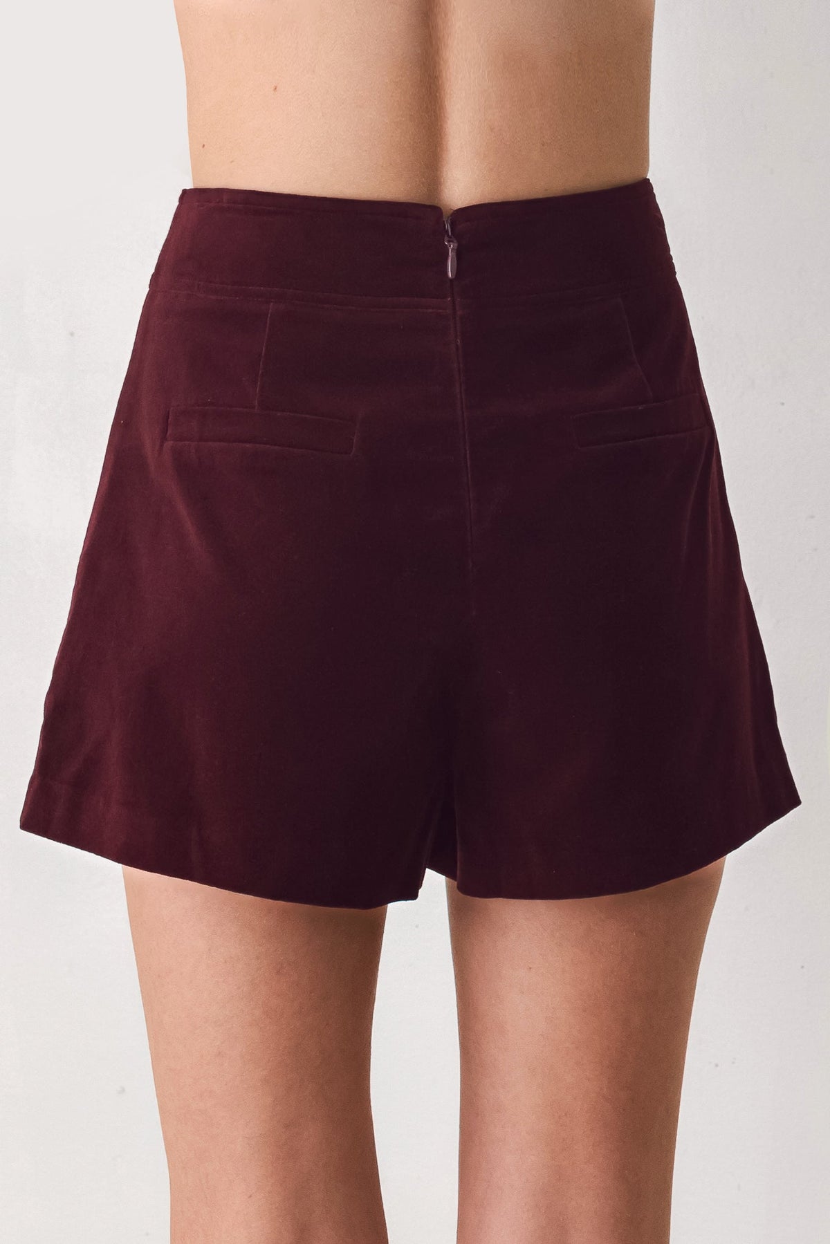 Burgundy Velvet Mini Skort with Front Button Detail