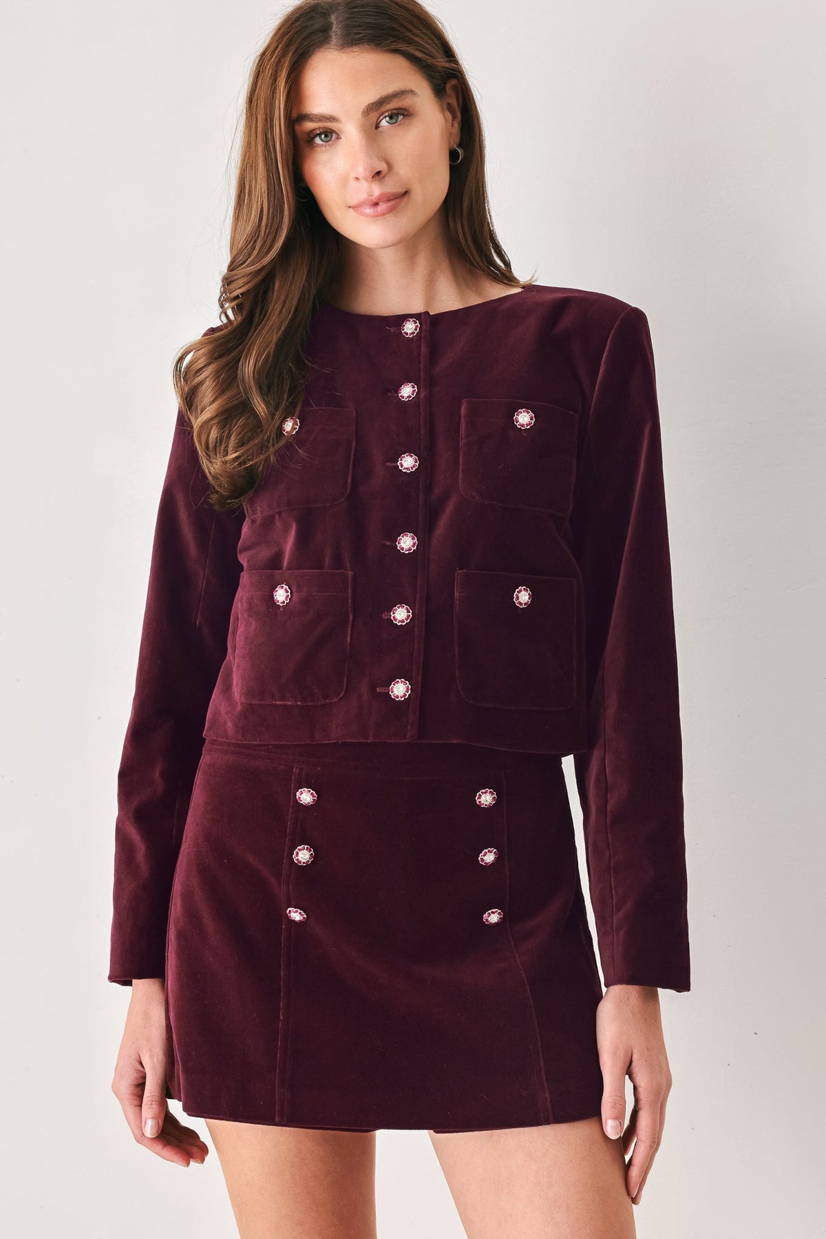 Burgundy Velvet Mini Skort with Front Button Detail