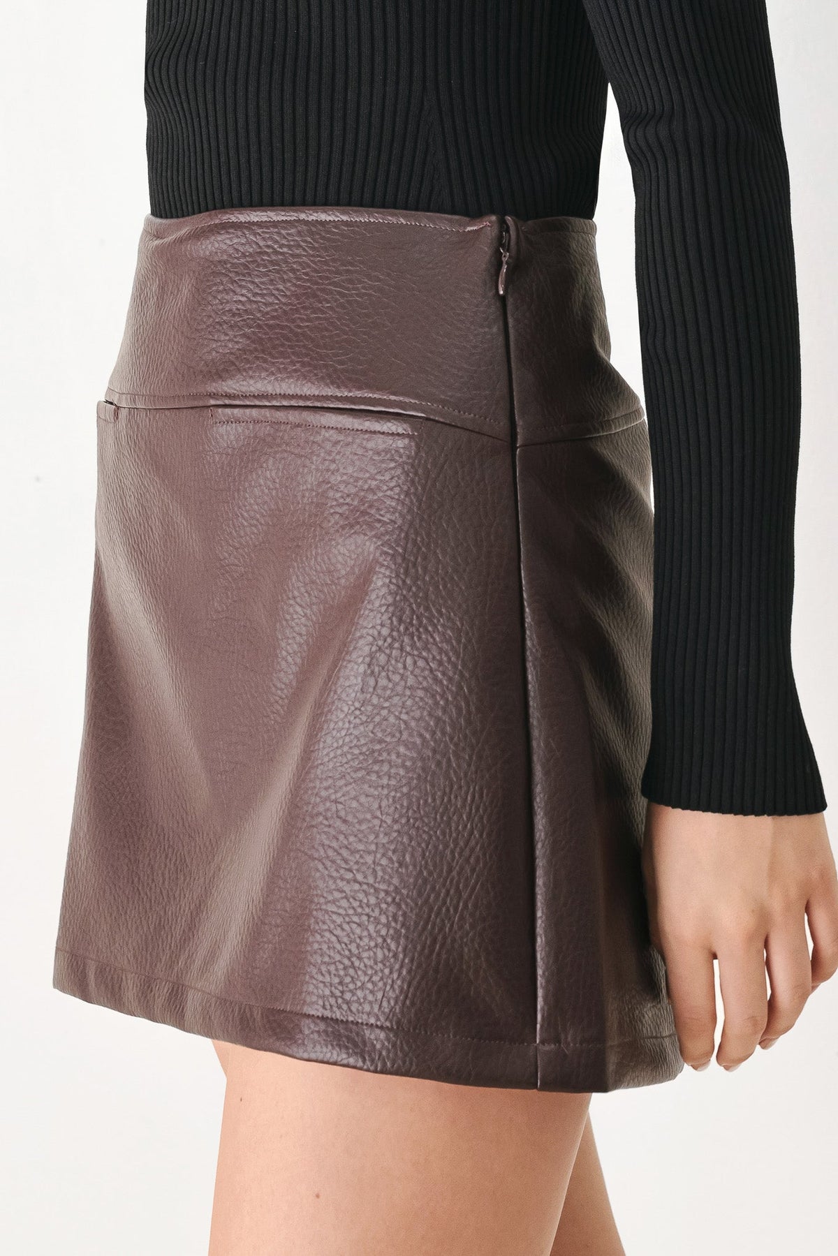 Dark Brown Faux Leather Mini Skort with Pebbled Texture and Side Zipper