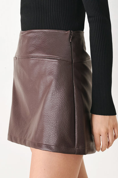 Dark Brown Faux Leather Mini Skort with Pebbled Texture and Side Zipper