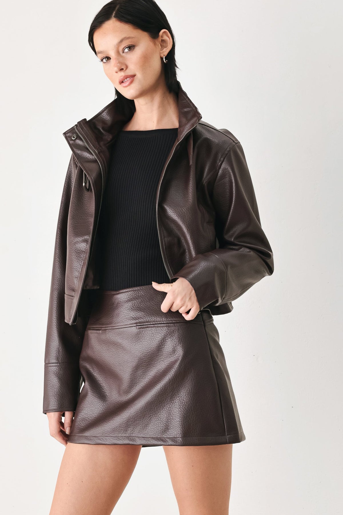 Dark Brown Faux Leather Mini Skort with Pebbled Texture and Side Zipper BROWN
