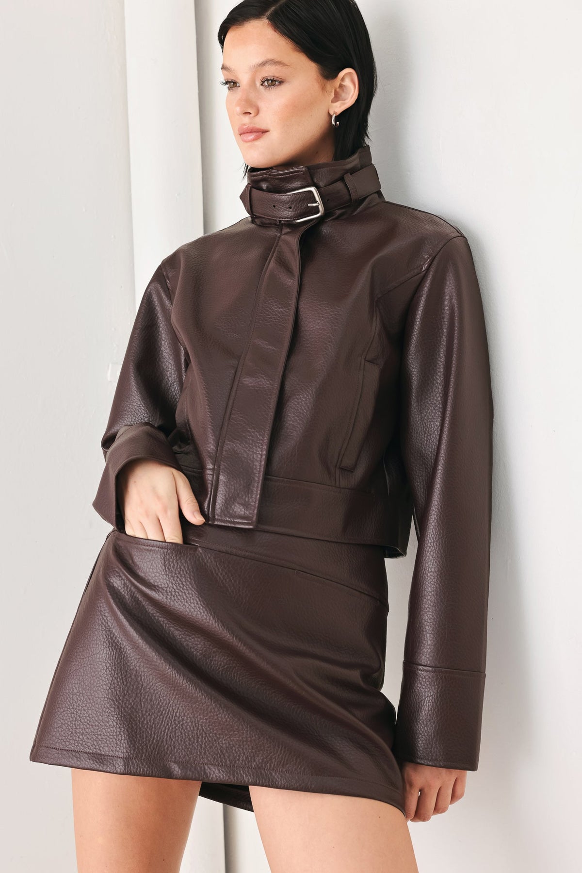 Dark Brown Faux Leather Mini Skort with Pebbled Texture and Side Zipper