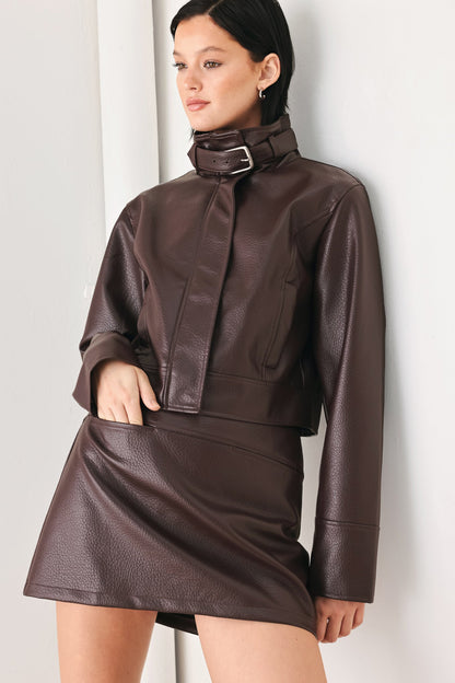 Dark Brown Faux Leather Mini Skort with Pebbled Texture and Side Zipper