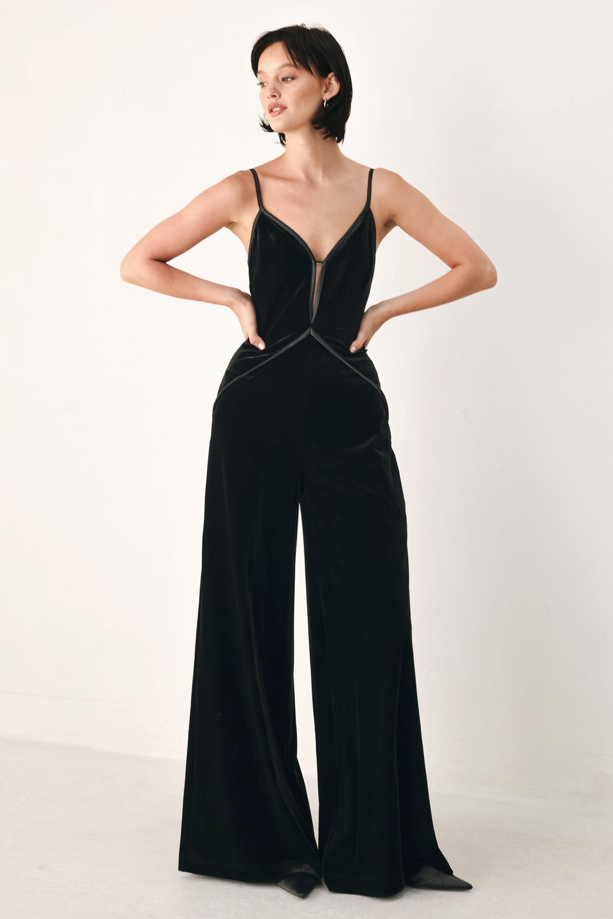 Black Velvet Wide-Leg Jumpsuit with Sweetheart Neckline and Keyhole Detail