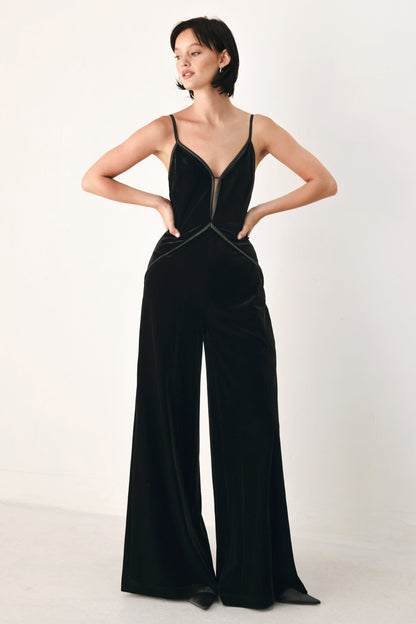 Black Velvet Wide-Leg Jumpsuit with Sweetheart Neckline and Keyhole Detail