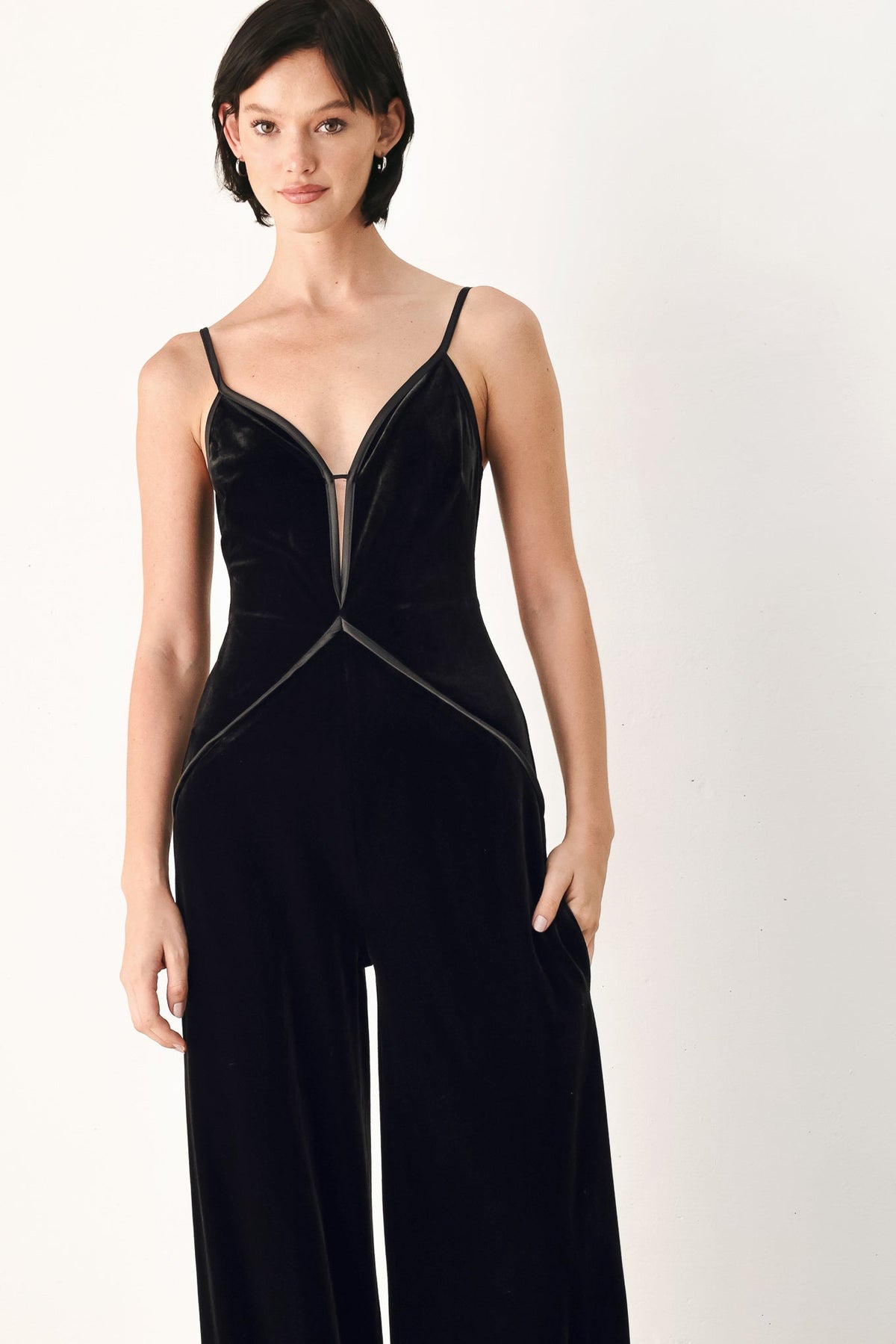 Black Velvet Wide-Leg Jumpsuit with Sweetheart Neckline and Keyhole Detail