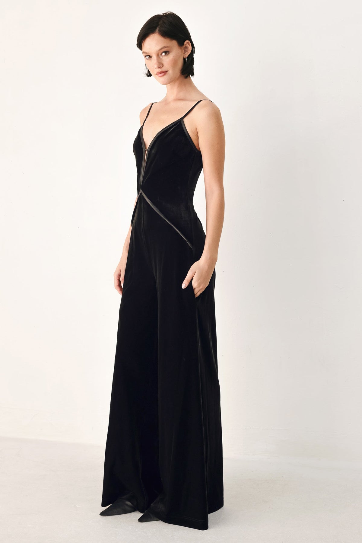 Black Velvet Wide-Leg Jumpsuit with Sweetheart Neckline and Keyhole Detail