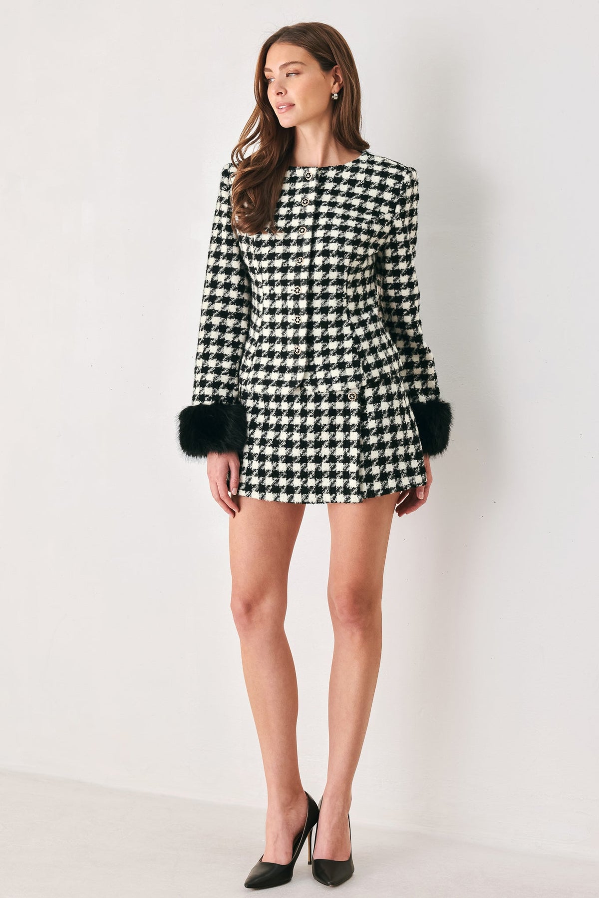 Black and White Houndstooth High-Waisted Skort with Button Detail