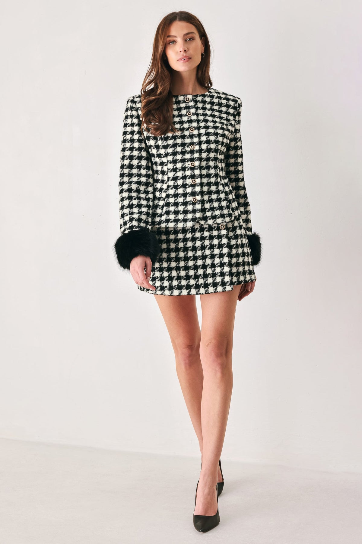 Black and White Houndstooth High-Waisted Skort with Button Detail