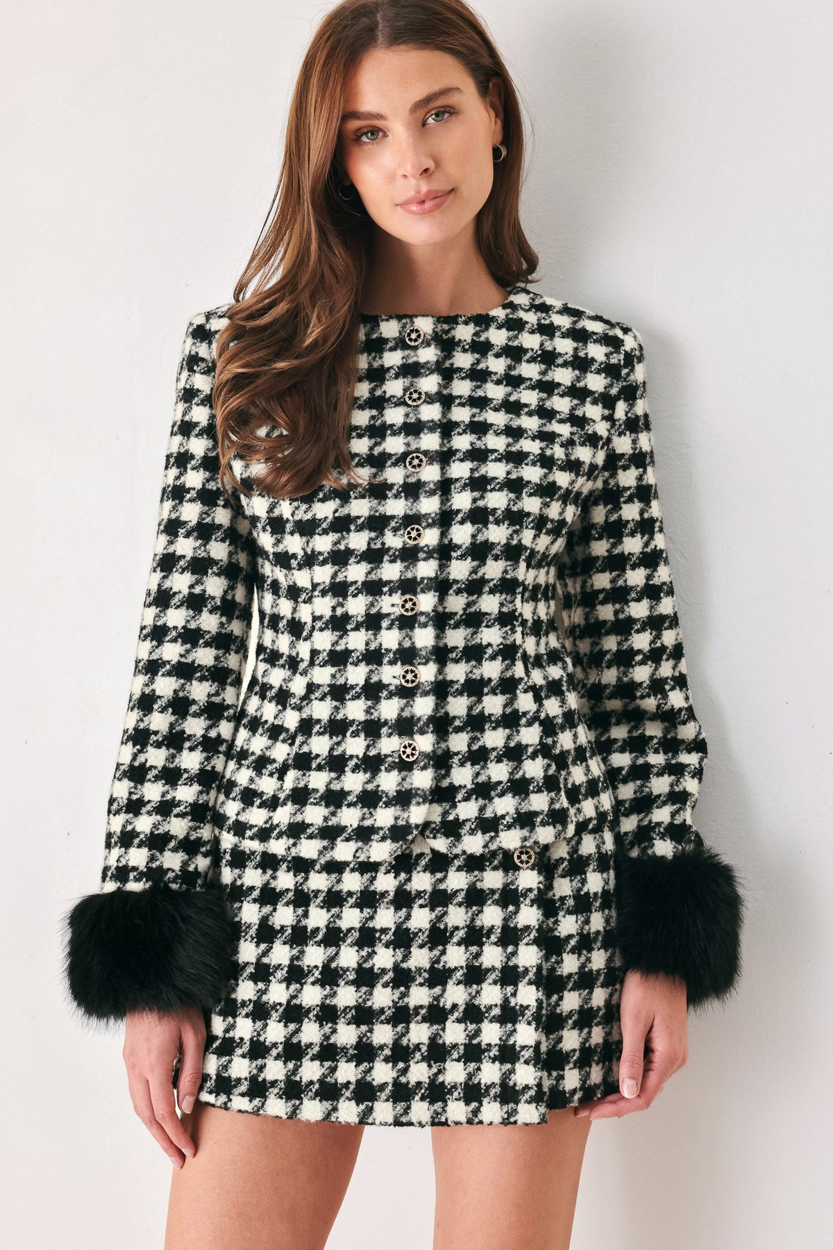 Black and White Houndstooth High-Waisted Skort with Button Detail