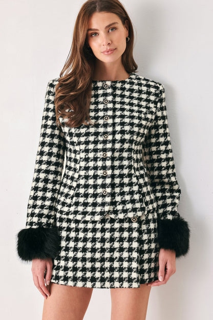 Black and White Houndstooth High-Waisted Skort with Button Detail