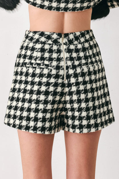 Black and White Houndstooth High-Waisted Skort with Button Detail