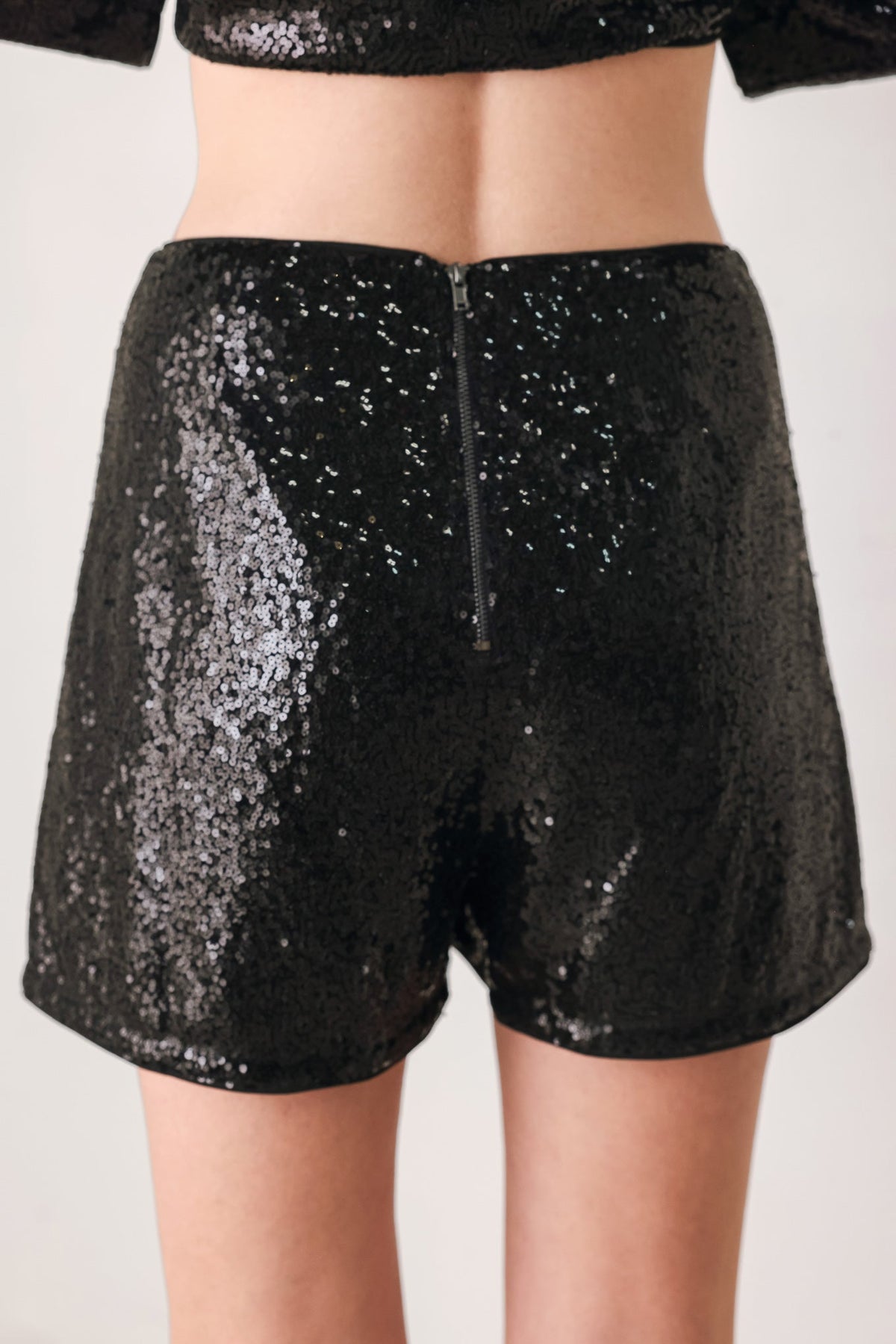 Black Sequin High-Waisted Skort with Back Zipper