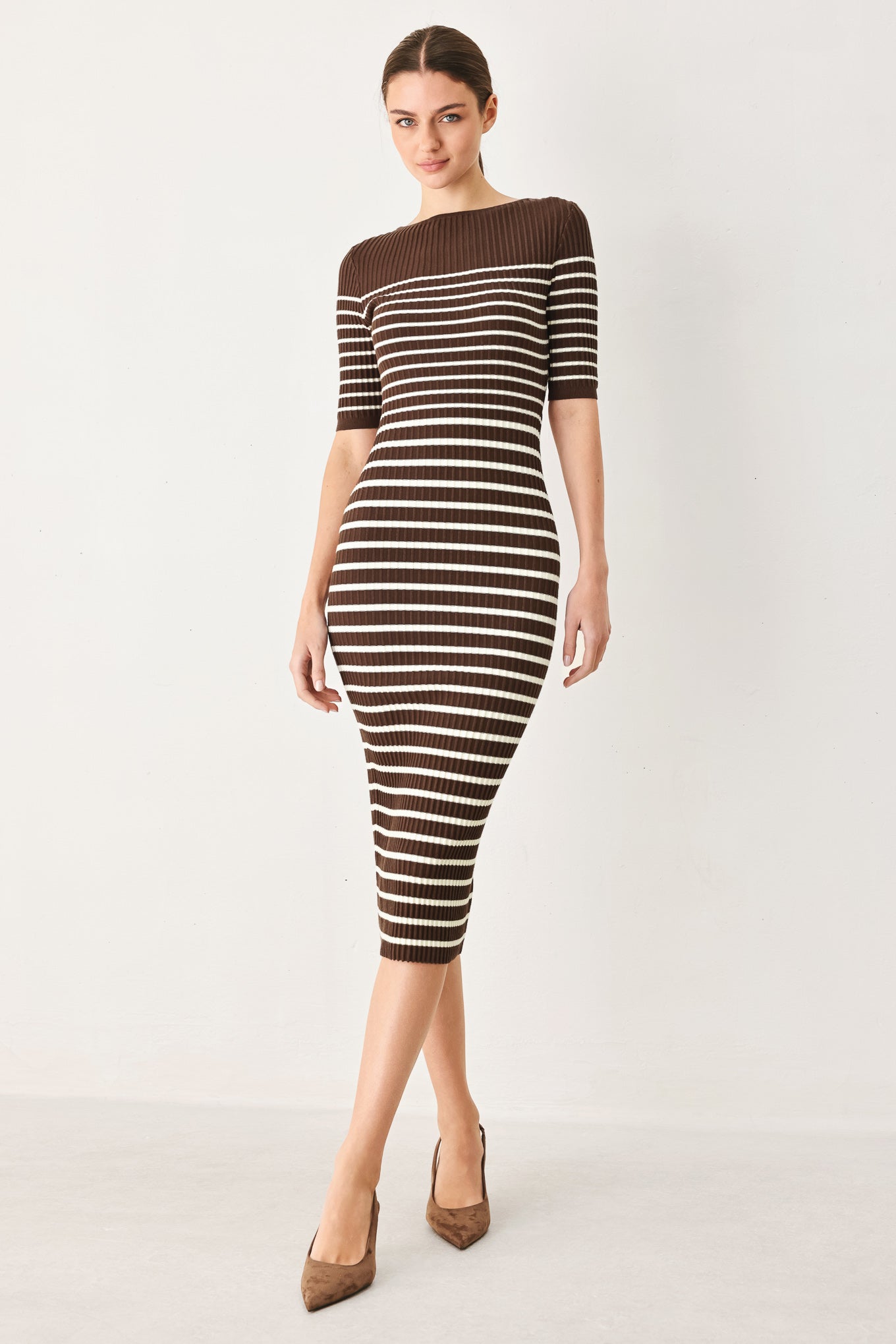 Trendy Chocolate Stripe Sweater Midi Dress