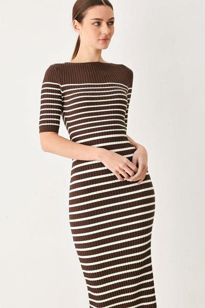 Trendy Chocolate Stripe Sweater Midi Dress