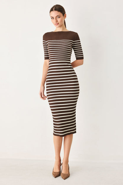 Trendy Chocolate Stripe Sweater Midi Dress