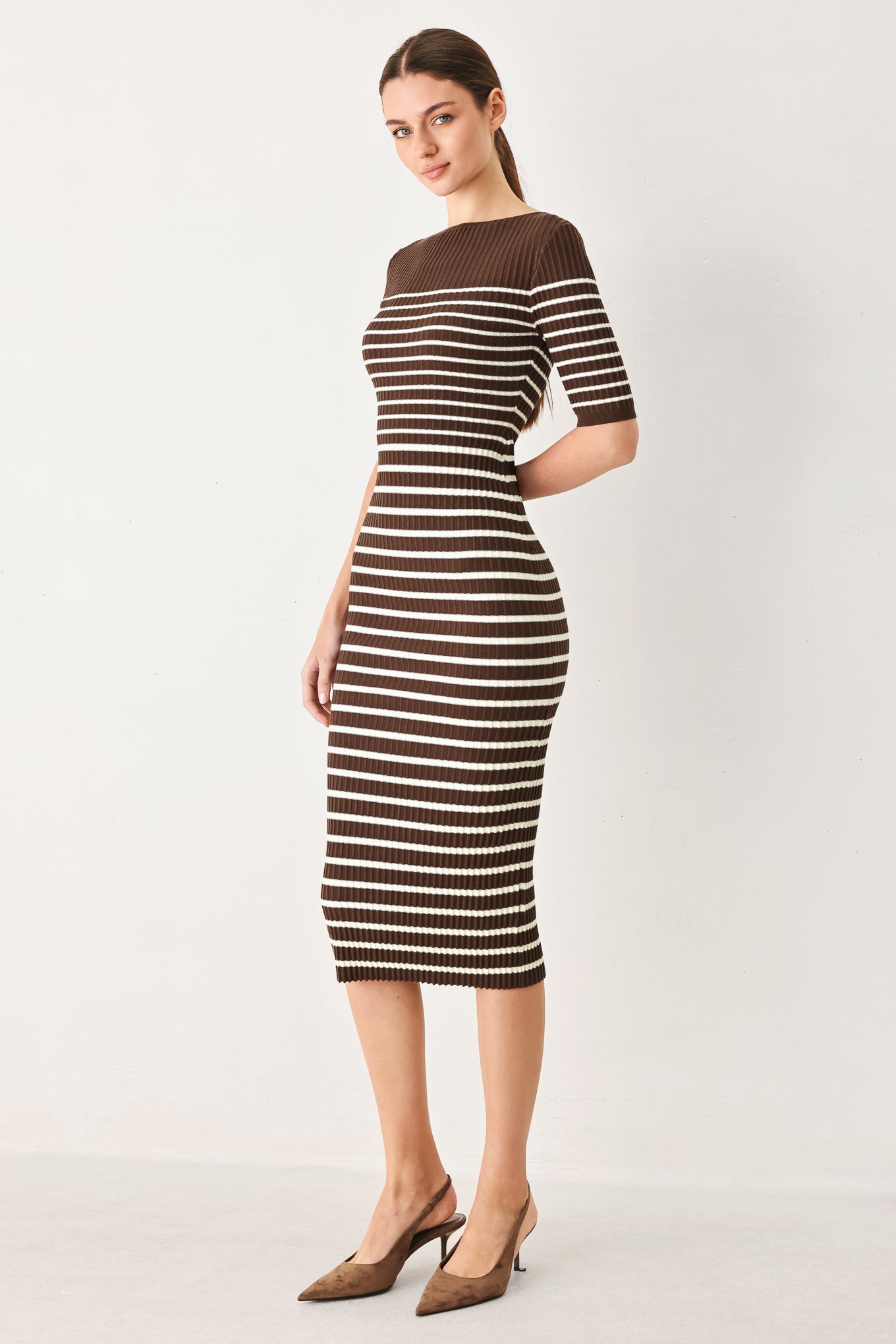 Trendy Chocolate Stripe Sweater Midi Dress