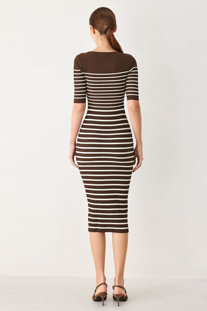 Trendy Chocolate Stripe Sweater Midi Dress