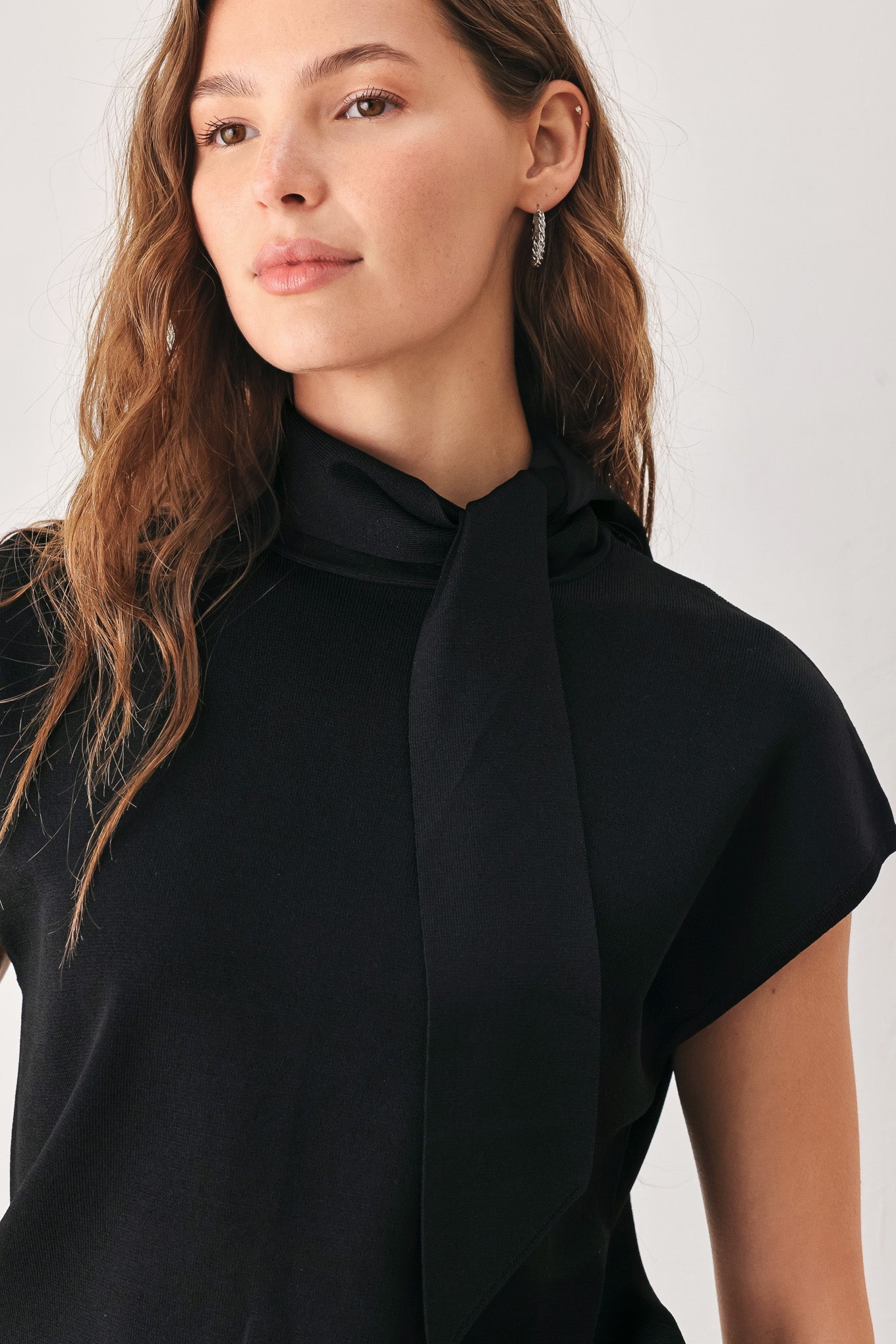 Soft Knit Blouse with Scarf Tie BLACK