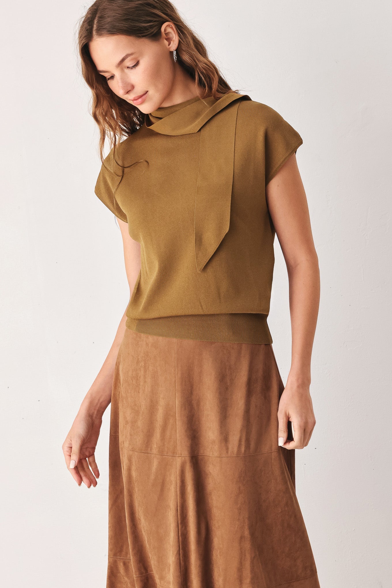 Soft Knit Blouse with Scarf Tie