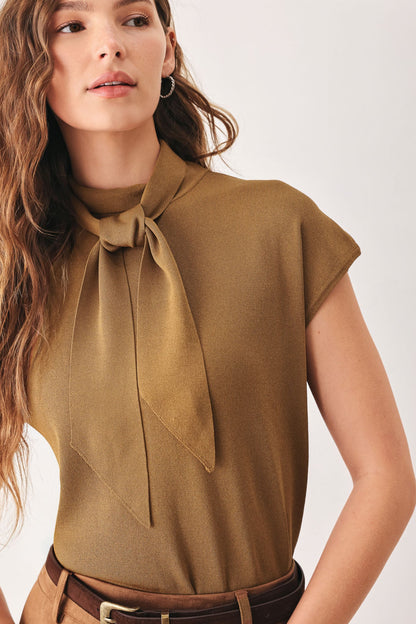 Soft Knit Blouse with Scarf Tie CAMEL