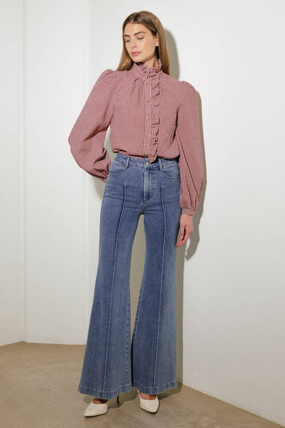 Ruffled High Neckline Long Sleeve Shirt | Trendy Shirts Outfit Idea for Women by Ro + Ivy | Elevated Basics, Modern Comfort & Style