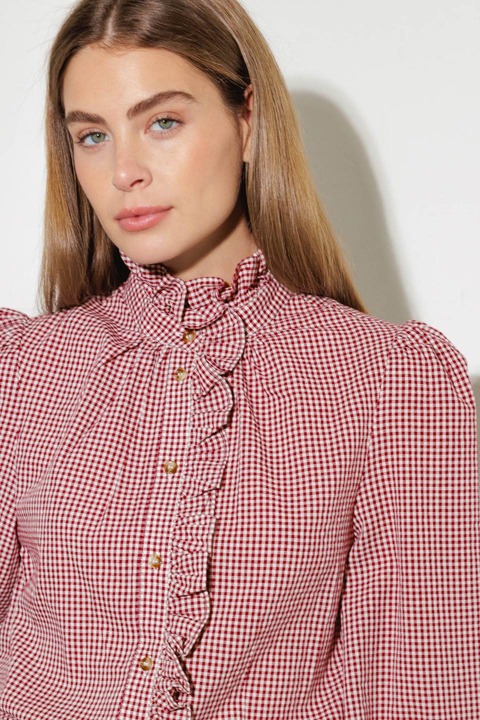 Ruffled High Neckline Long Sleeve Shirt | Trendy Shirts Outfit Idea for Women by Ro + Ivy | Elevated Basics, Modern Comfort & Style