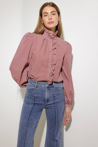 Ruffled High Neckline Long Sleeve Shirt | Trendy Shirts Outfit Idea for Women by Ro + Ivy | Elevated Basics, Modern Comfort & Style