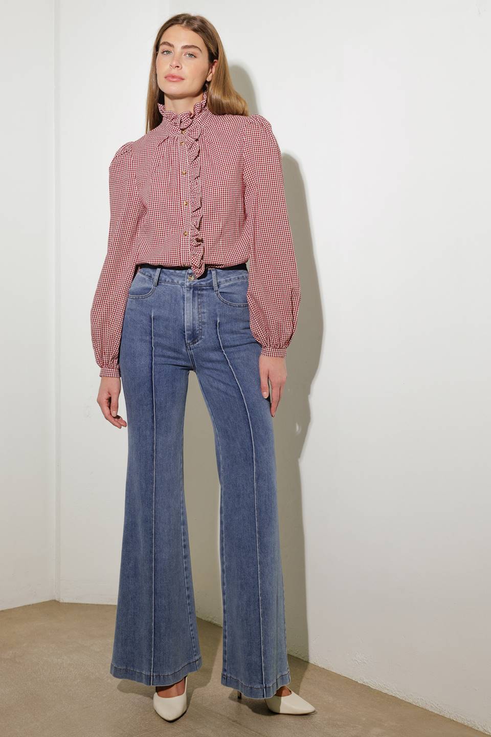 Ruffled High Neckline Long Sleeve Shirt | Trendy Shirts Outfit Idea for Women by Ro + Ivy | Elevated Basics, Modern Comfort & Style