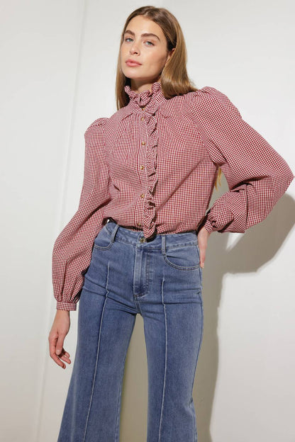 Ruffled High Neckline Long Sleeve Shirt | Trendy Shirts Outfit Idea for Women by Ro + Ivy | Elevated Basics, Modern Comfort & Style