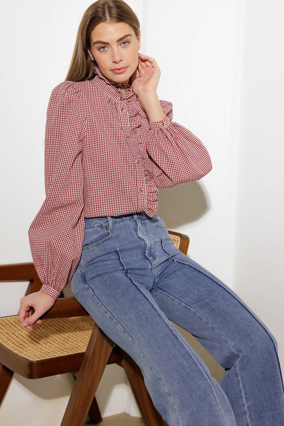 Ruffled High Neckline Long Sleeve Shirt | Trendy Shirts Outfit Idea for Women by Ro + Ivy | Elevated Basics, Modern Comfort & Style