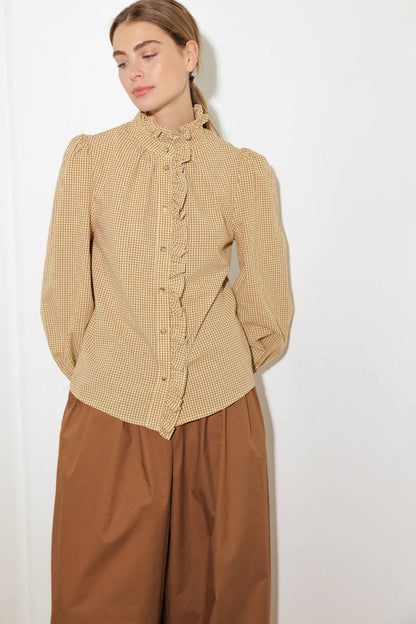 Ruffled High Neckline Long Sleeve Shirt | Trendy Shirts Outfit Idea for Women by Ro + Ivy | Elevated Basics, Modern Comfort & Style