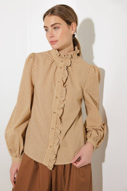 Ruffled High Neckline Long Sleeve Shirt | Trendy Shirts Outfit Idea for Women by Ro + Ivy | Elevated Basics, Modern Comfort & Style