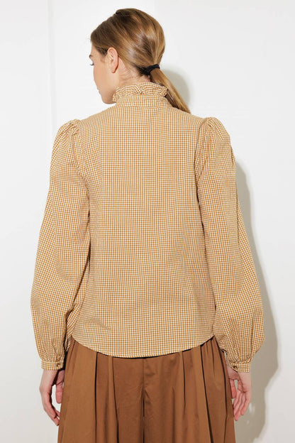 Ruffled High Neckline Long Sleeve Shirt | Trendy Shirts Outfit Idea for Women by Ro + Ivy | Elevated Basics, Modern Comfort & Style