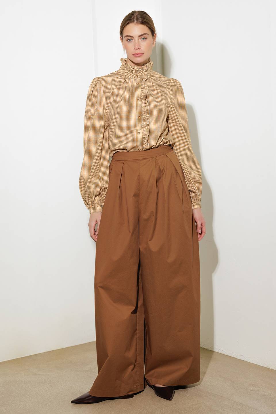 Ruffled High Neckline Long Sleeve Shirt | Trendy Shirts Outfit Idea for Women by Ro + Ivy | Elevated Basics, Modern Comfort & Style