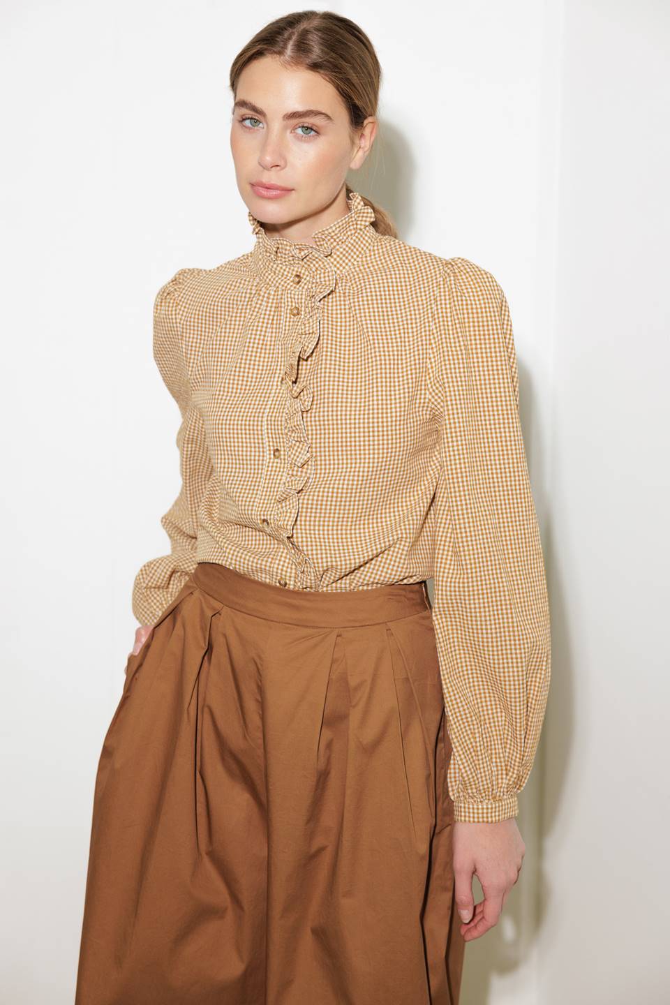 MUSTARD Ruffled High Neckline Long Sleeve Shirt | Trendy Shirts Outfit Idea for Women by Ro + Ivy | Elevated Basics, Modern Comfort & Style