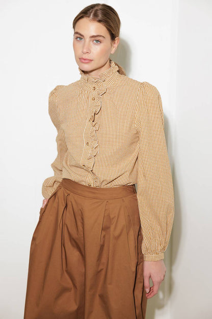 MUSTARD Ruffled High Neckline Long Sleeve Shirt | Trendy Shirts Outfit Idea for Women by Ro + Ivy | Elevated Basics, Modern Comfort & Style