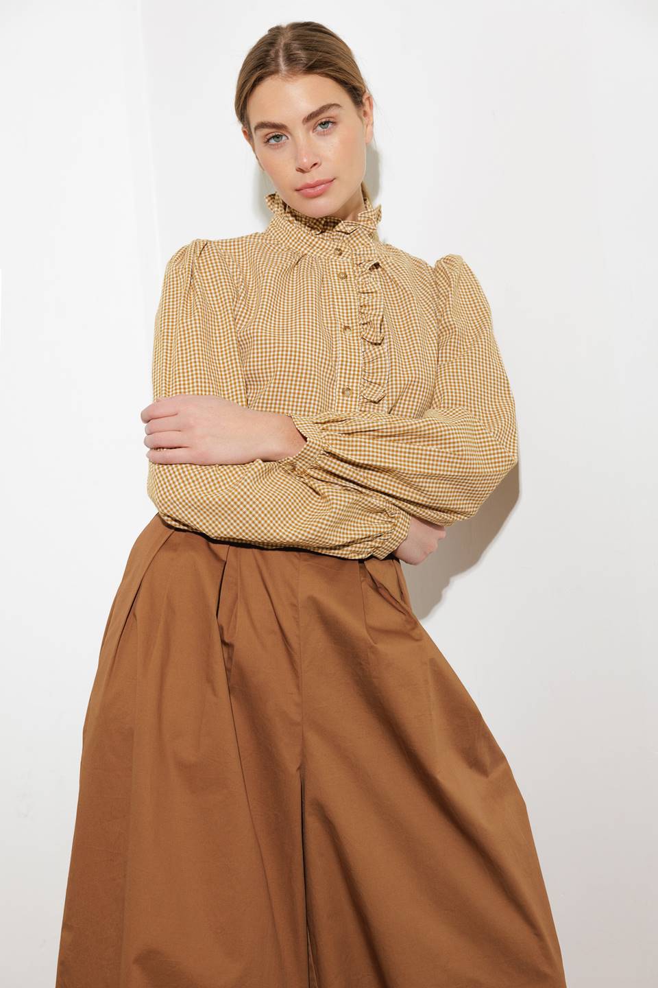 Ruffled High Neckline Long Sleeve Shirt | Trendy Shirts Outfit Idea for Women by Ro + Ivy | Elevated Basics, Modern Comfort & Style