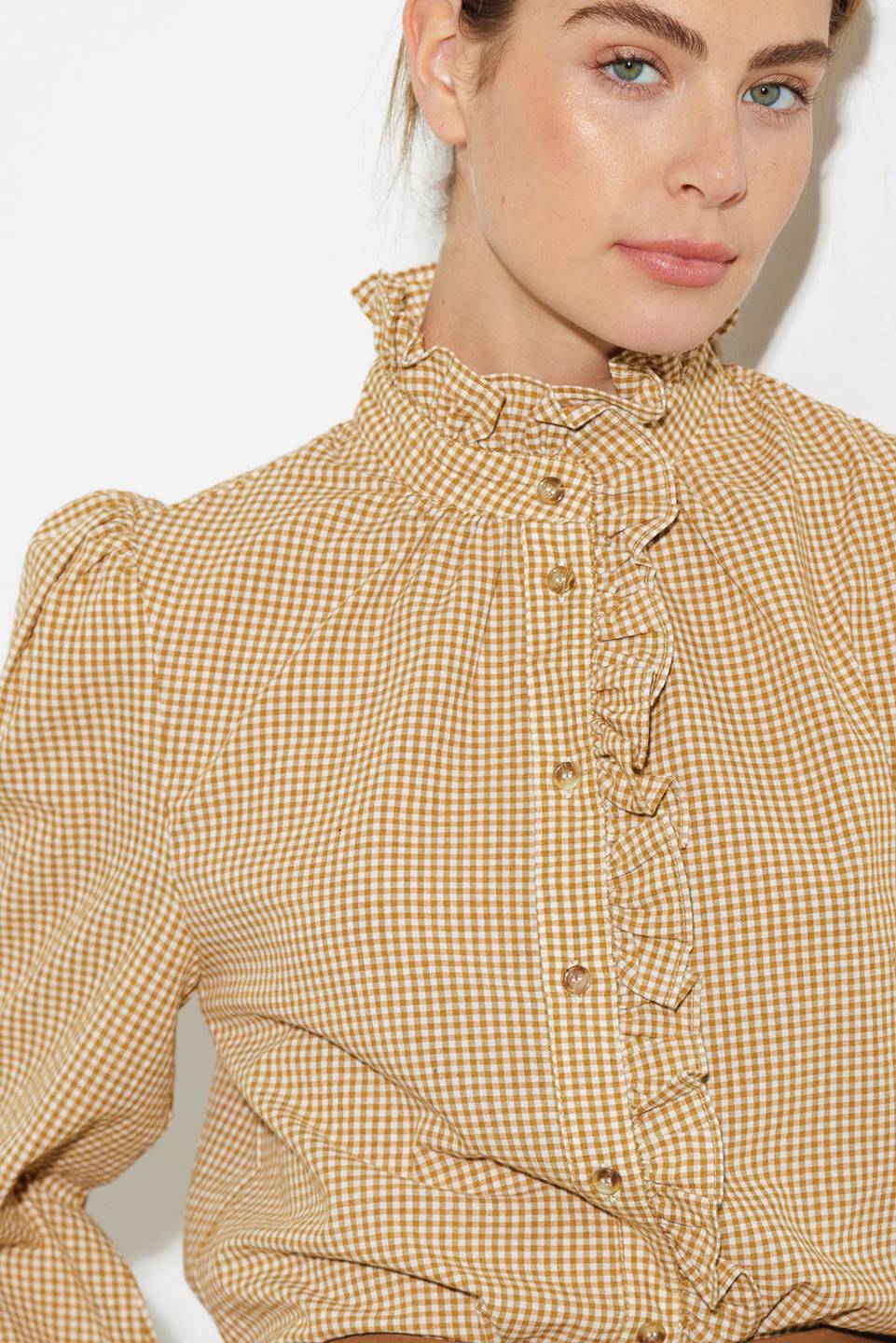 Ruffled High Neckline Long Sleeve Shirt | Trendy Shirts Outfit Idea for Women by Ro + Ivy | Elevated Basics, Modern Comfort & Style